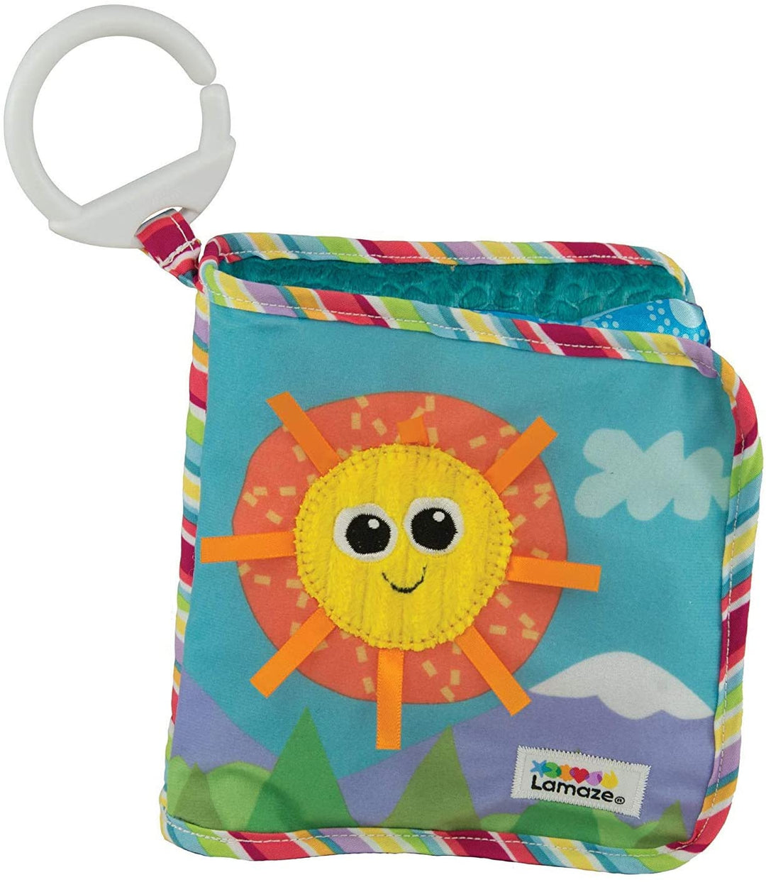 LAMAZE Classic Discovery Soft Book, Babybücher ab der Geburt mit Clip am Kinderwagen, strukturiertes Baby-Sensorspielzeug mit leuchtenden Farben, geeignet für Babys, Jungen und Mädchen von 0 bis 6 Monaten