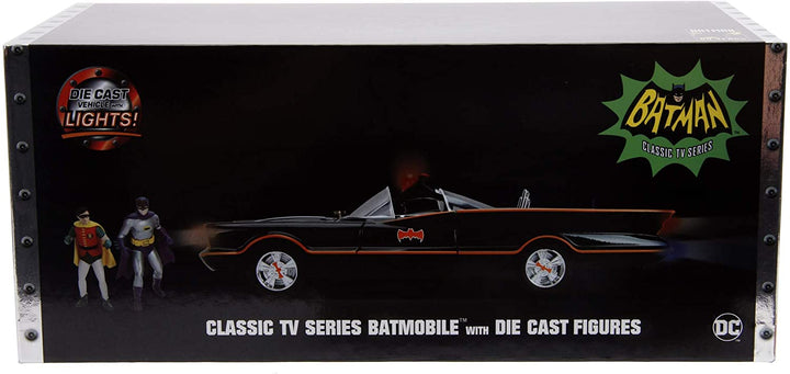 Jada Toys 253216001 Batman Classic Batmobile 1:18 Scale Model Car with Opening Doors, Boot & Bonnet, Includes Batman & Robin Figure from Die-cast, Black, Multicoloured, One Size