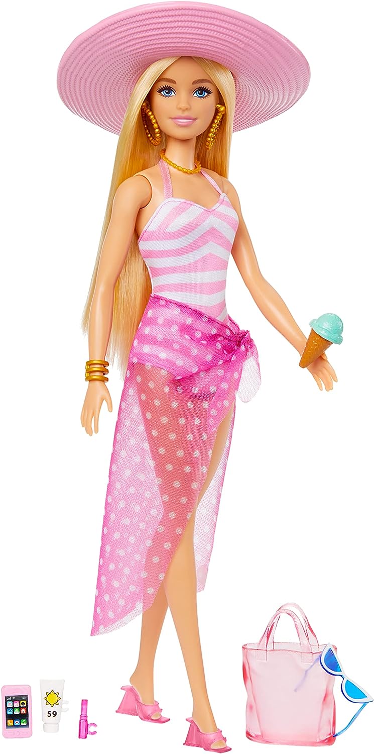 Blonde Barbie Doll with Swimsuit and Beach-Themed Accessories