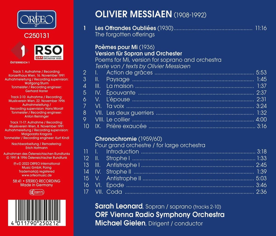 Messiaen: Gielen Conducts [Sarah Leonard; ORF Vienna Radio Symphony Orchestra; [Audio CD]