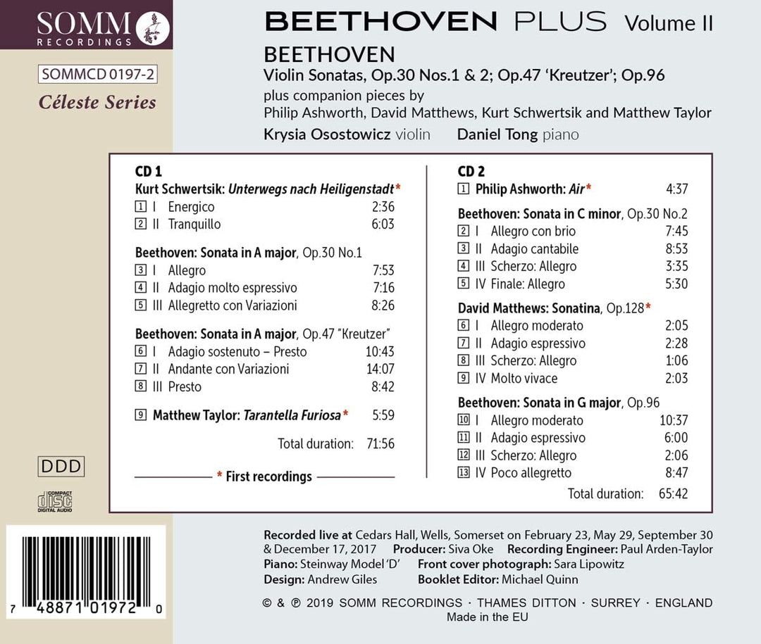 Beethoven Plus, Volume 2 [Krysia Osostowicz; Daniel Tong] [Somm: SOMM 0197-2] [Audio CD]