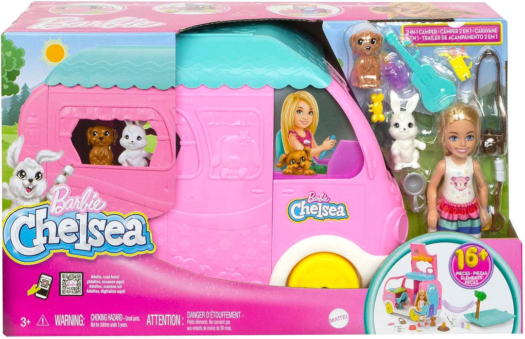 Barbie Camper, Chelsea 2-in-1-Spielset mit kleiner Puppe, 2 Haustieren und 15 Zubehörteilen,