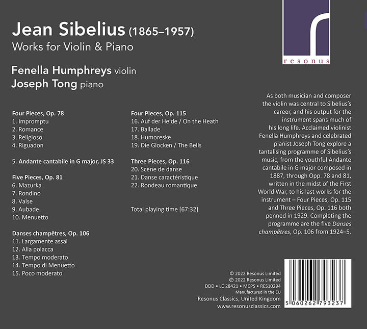 Sibelius: Violin Works [Fenella Humphreys; Joseph Tong] [Resonus Classics: RES10 [Audio CD]