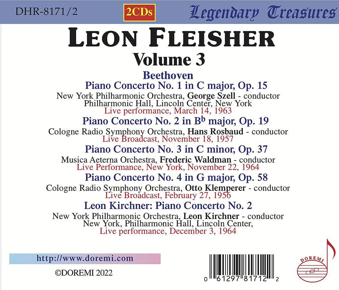 Leon Fleisher - Fleisher: Live, Vol. 3 [Leon Fleisher; New York Philharmonic Orchestra; Otto Klemperer; Leon Kirchner] [Doremi: DHR-8171/2] [Audio CD]