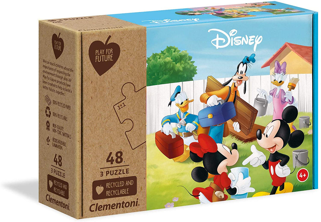 Clementoni - 25256 - Disney Mickey Classic - 3x48 Pieces - Made In Italy - 100% Recycled Materials, Jigsaw Puzzle For Kids