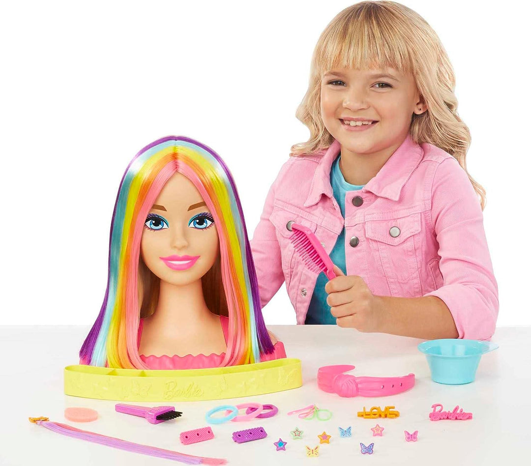 Barbie Doll Deluxe Styling-Kopf, Barbie Totally Hair, Glattes Blondes Neon-Regenb