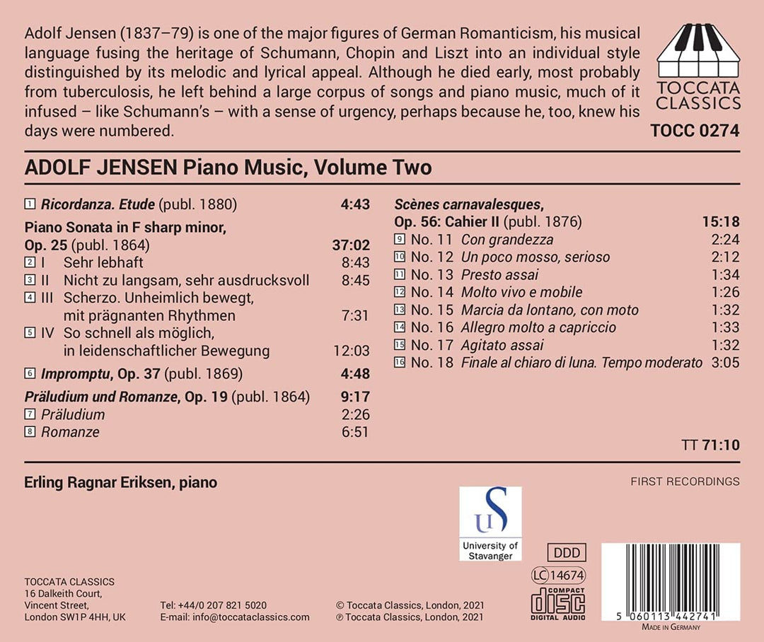 Jensen: Klaviermusik, Bd. 2 [Erling Ragnar Eriksen] [Toccata Classics: TOCC 0274] [Audio CD] 