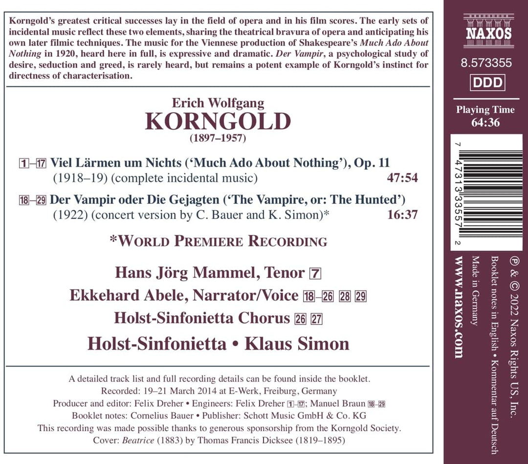 Korngold: Incidental Music [Hans Jörg Mammel; Ekkehard Abele; Holst-Sinfonietta; Klaus Simon] [Naxos: 8573355] [Audio CD]