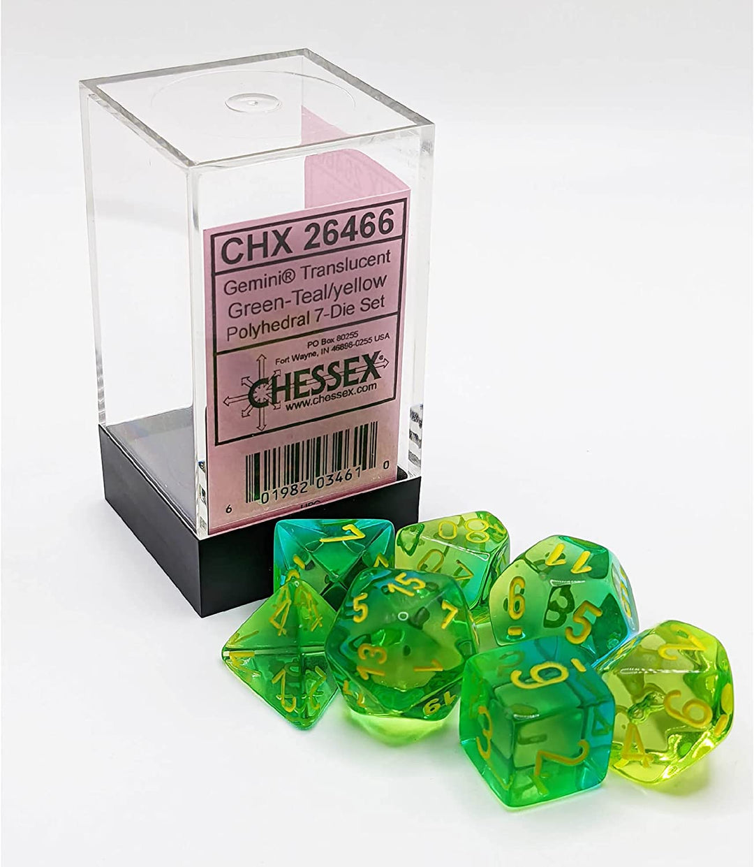 Chessex Gemini Translucent Dice Set 7 Polyedrische Würfel Grün und Blaugrün mit Gelb