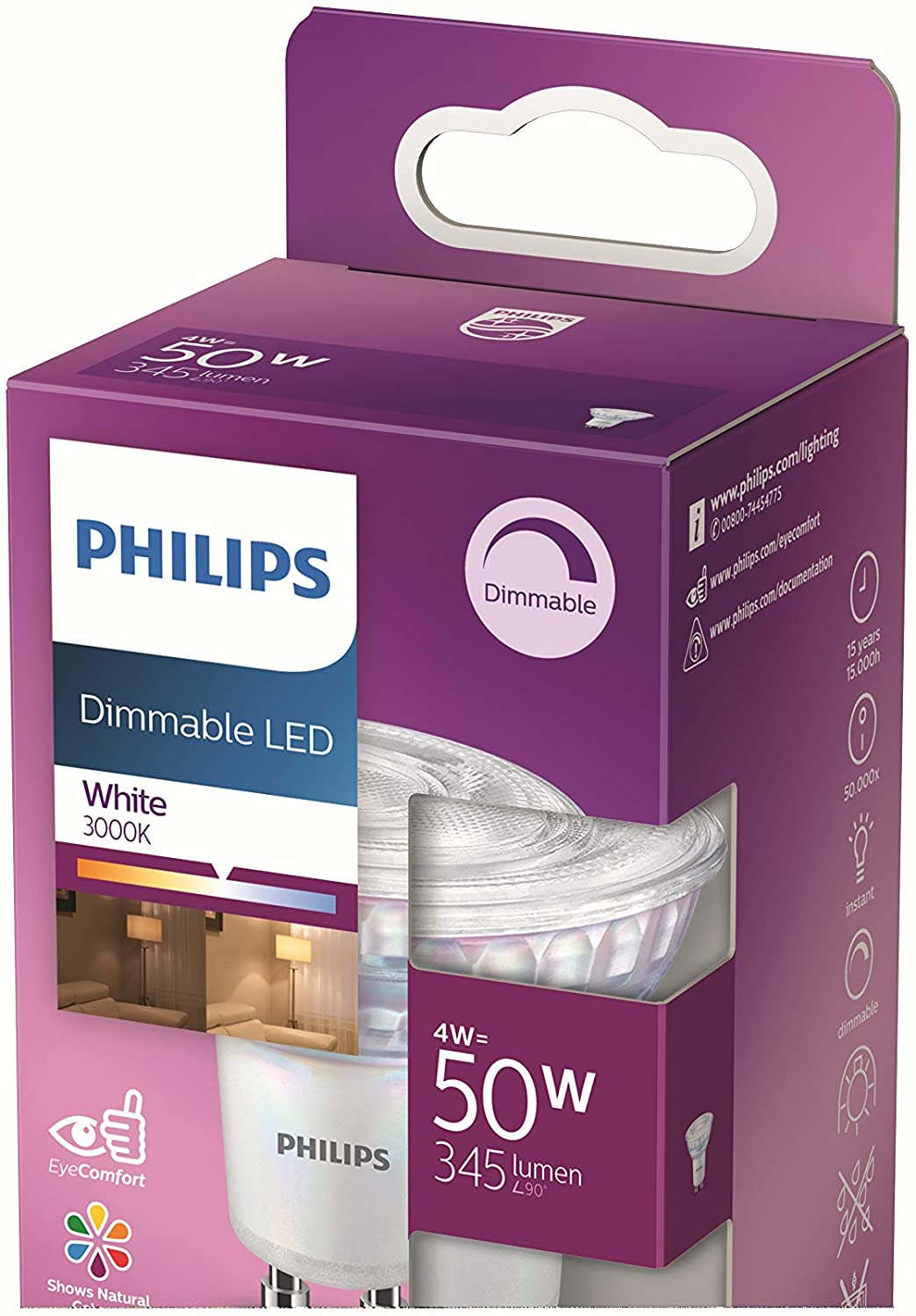 Philips LED Classic Dimmable Light Bulb [GU10 Spot] 50W, White (3000K).