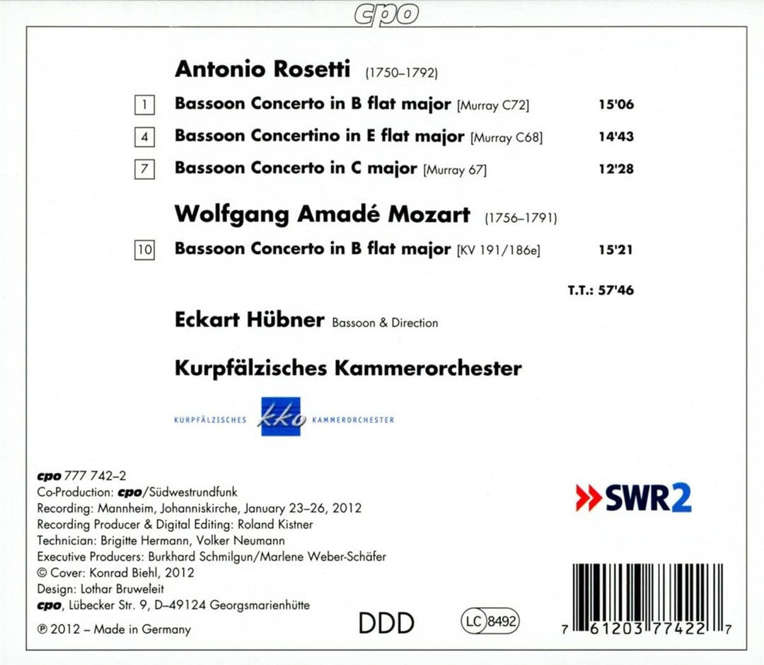 Eckart Hübner - Rosetti: Bassoon Concertos Vol. 2 (Eckart Hübner/ Kurpfaelzisches Kammerorchester/ Eckart Hübner) (CPO: 777742-2)  [Audio CD]