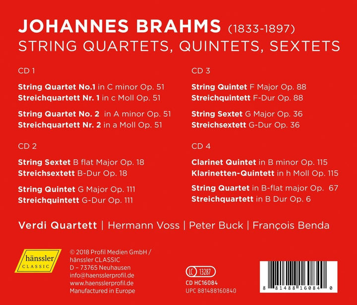 Brahms: Quartets/Quintets/Sextets [Verdi Quartett; Hermann Voss; Peter Buck; François Benda] [Hanssler Classic: HC16084] [Audio CD]