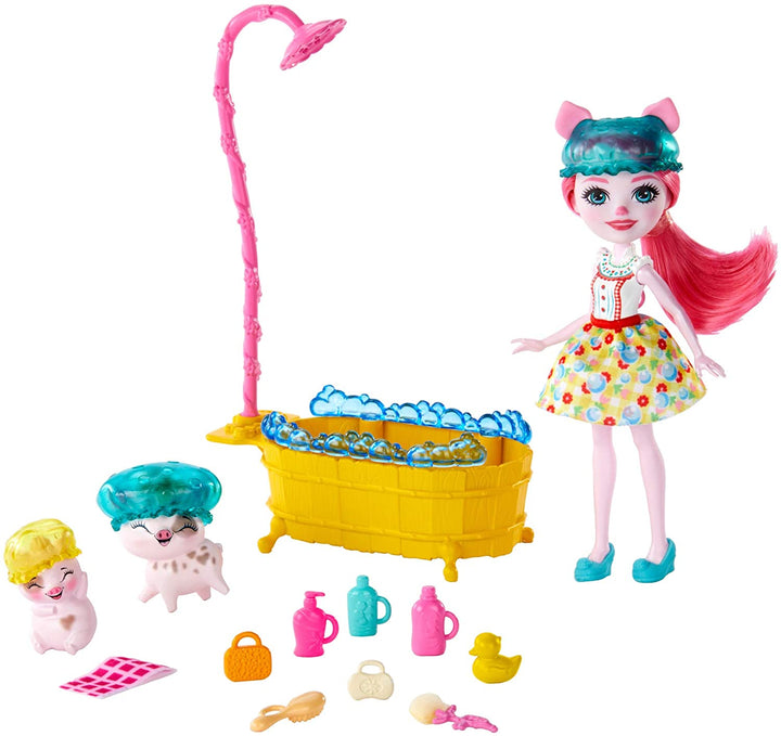 Enchantimals GJX36 BATHTIME Splash SPIELSET mit PETYA Pig Doll &amp; STREUSEL, Multi