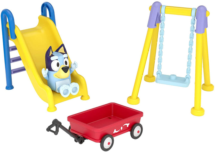 Bluey Park Play Set: Bluey Articulated 2.5 Inch Action Figure and Three Piece Park Playset with Swing, Slide and Ridable Wagon Official Collectable Toy