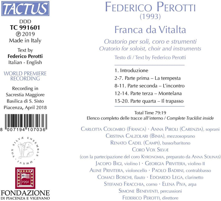 Perotti: Franca Do Vitalta [Carlotta Colombo; Anna Piroli; Cristina Calzolari; Renato Cadel; Vox Silvæ Ensemble; Federico Perotti] [Tactus: TC 991601] [Audio CD]