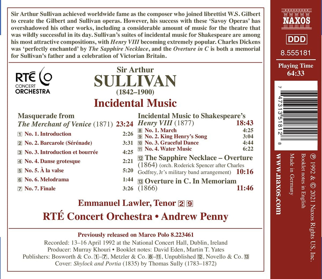 Sullivan: Incidental Music [Emmanuel Lawler; RT Concert Orchestra; Andrew Penny [Audio CD]