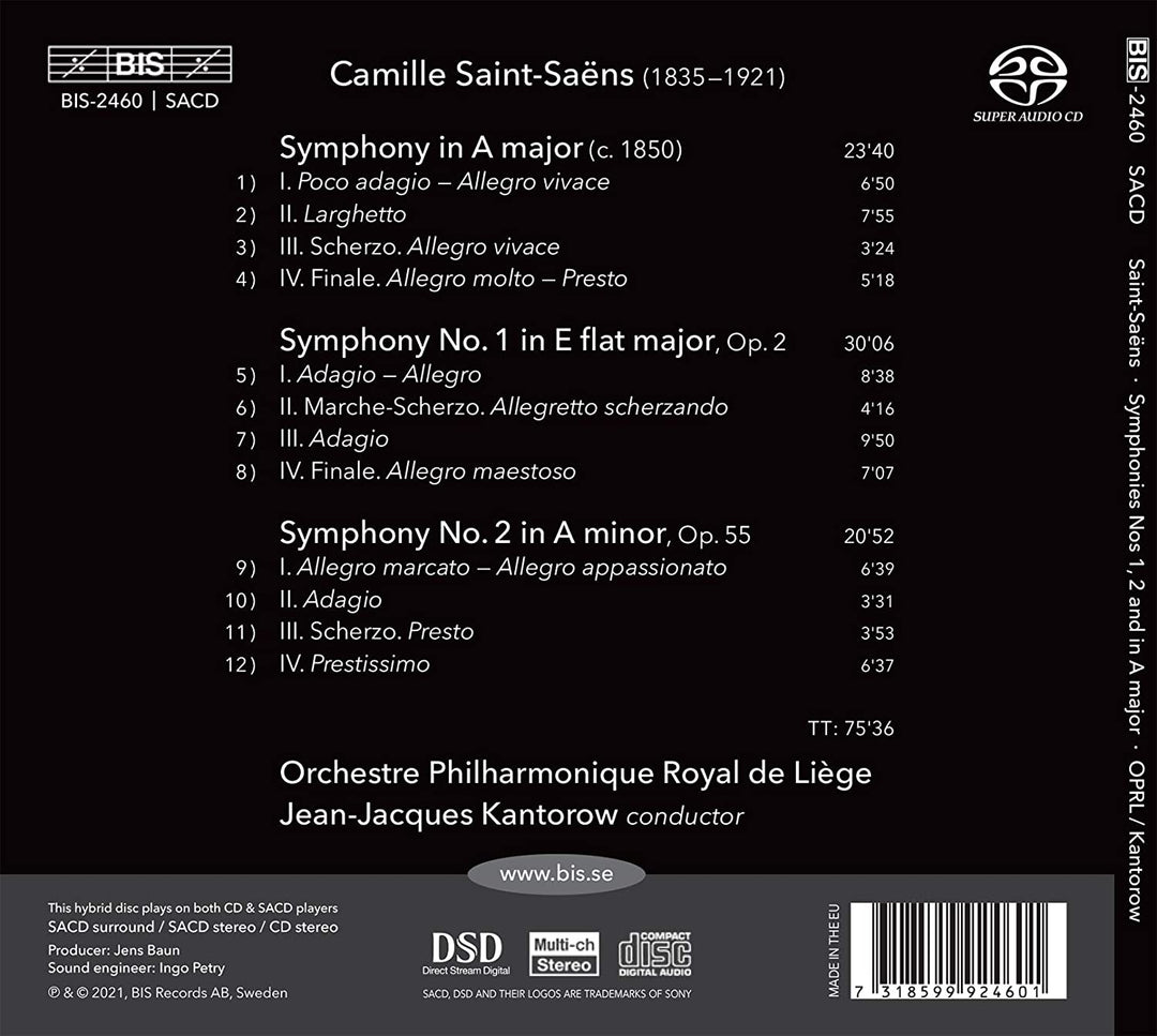 Saint-Saens: Symphonies 1&2 [Orchestre Philharmonique Royal de Lige; Jean-Jacques Kantorow] [Bis: BIS2460] [Audio CD]