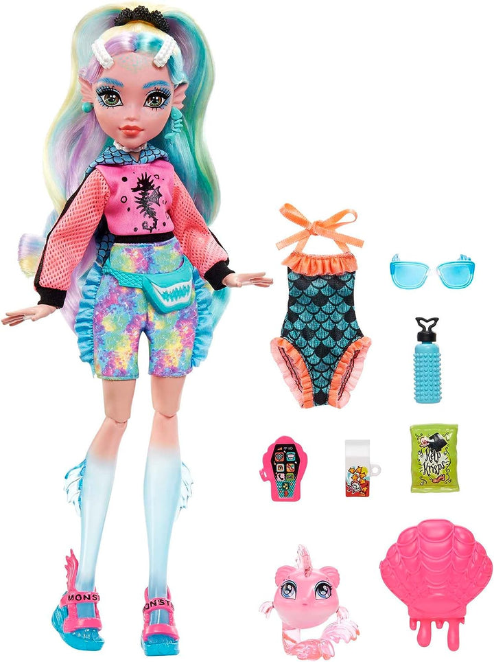 Monster High-Puppe, Lagoona Blue mit Zubehör und Haustier-Piranha, bewegliche Mode