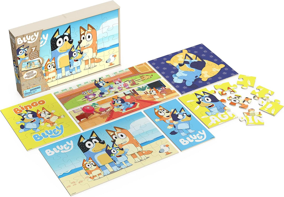 Spin Master Games 6067176 Bluey, 7 Holzpuzzles, Puzzle-Bundle, 12 16, 24-teilig, Eas