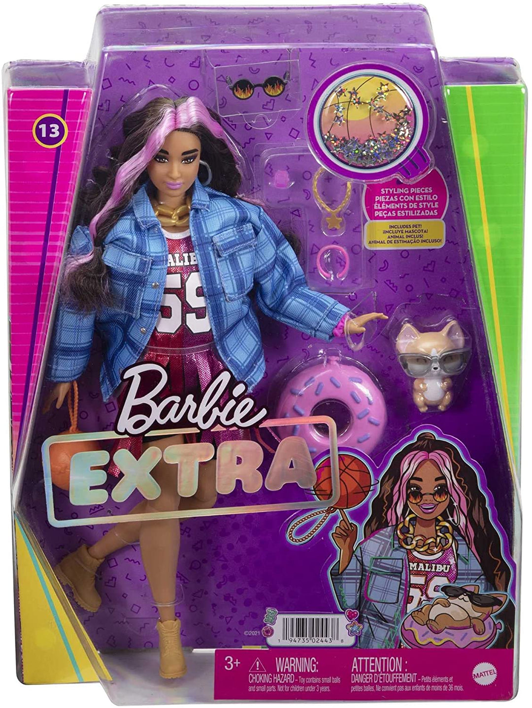 Barbie Extra-Puppe Nr. 13 im Basketball-Trikot und Radlerhose mit Haustier Corgi, 3 Jahre