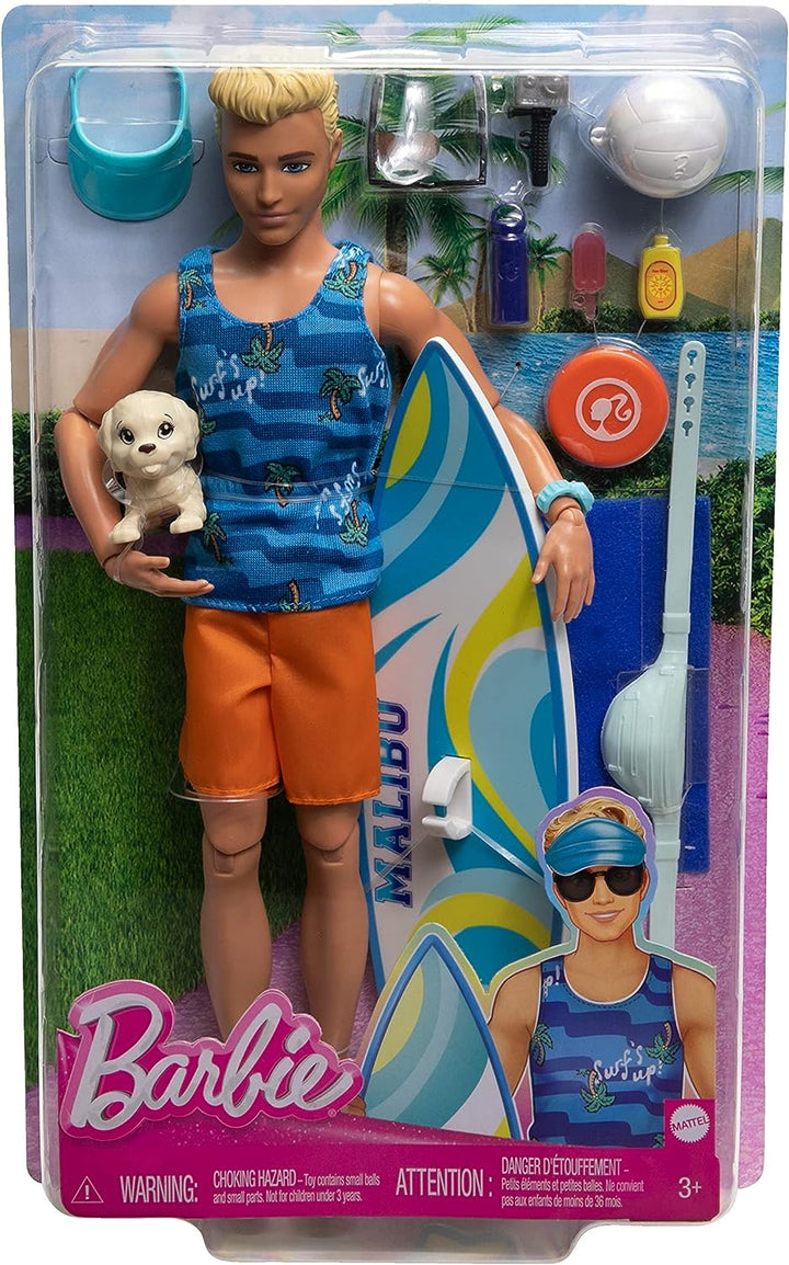 Ken Doll with Surfboard and Pet Puppy, Poseable Blonde Barbie Ken Beach Doll with Themed Accessories like Towel