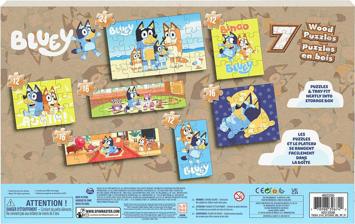 Spin Master Games 6067176 Bluey, 7 Holzpuzzles, Puzzle-Bundle, 12 16, 24-teilig, Eas