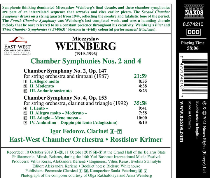 East-West Chamber Orchestra - Weinberg: Chamber Symphonies Nos. 2 and 4 [East-West Chamber Orchestra; Rotislav Krimer] [Naxos: 8574210] [Audio CD]