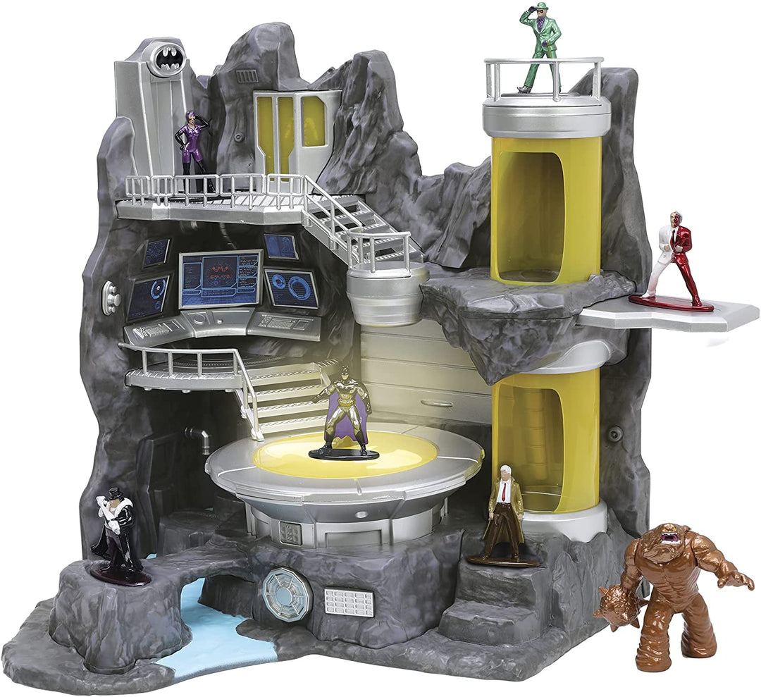 Dickie 253219001 Batcave mit 6 Nano-Metallfiguren, 1 mittelgroße Figur, Plattform mit Licht,