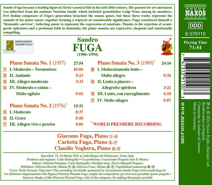 Fuga: Piano Sonatas 1 - 3 [Giacomo Fuga; Carlotta Fuga; Claudio Voghera] [Audio CD]