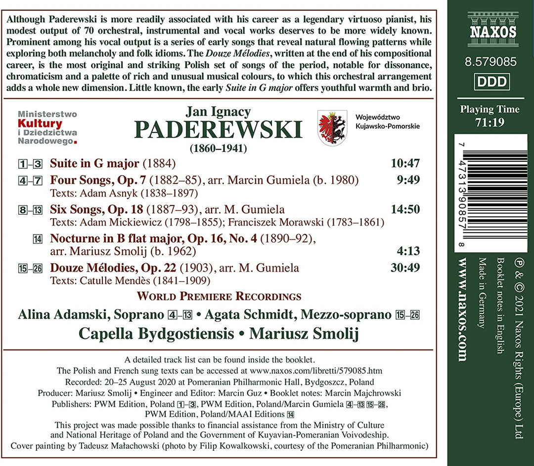 Alina Adamski - Paderewski: Songs & Melodies [Alina Adamski; Agata Schmidt; Capella Bydgostiensis; Mariusz Smolij] [Naxos: 8579085] [Audio CD]