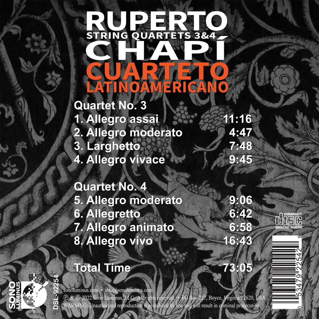 Chapi: String Quartets 3 & 4 [Cuarteto Latinoamericano] [Sono Luminus: DSL-92254] [Audio CD]