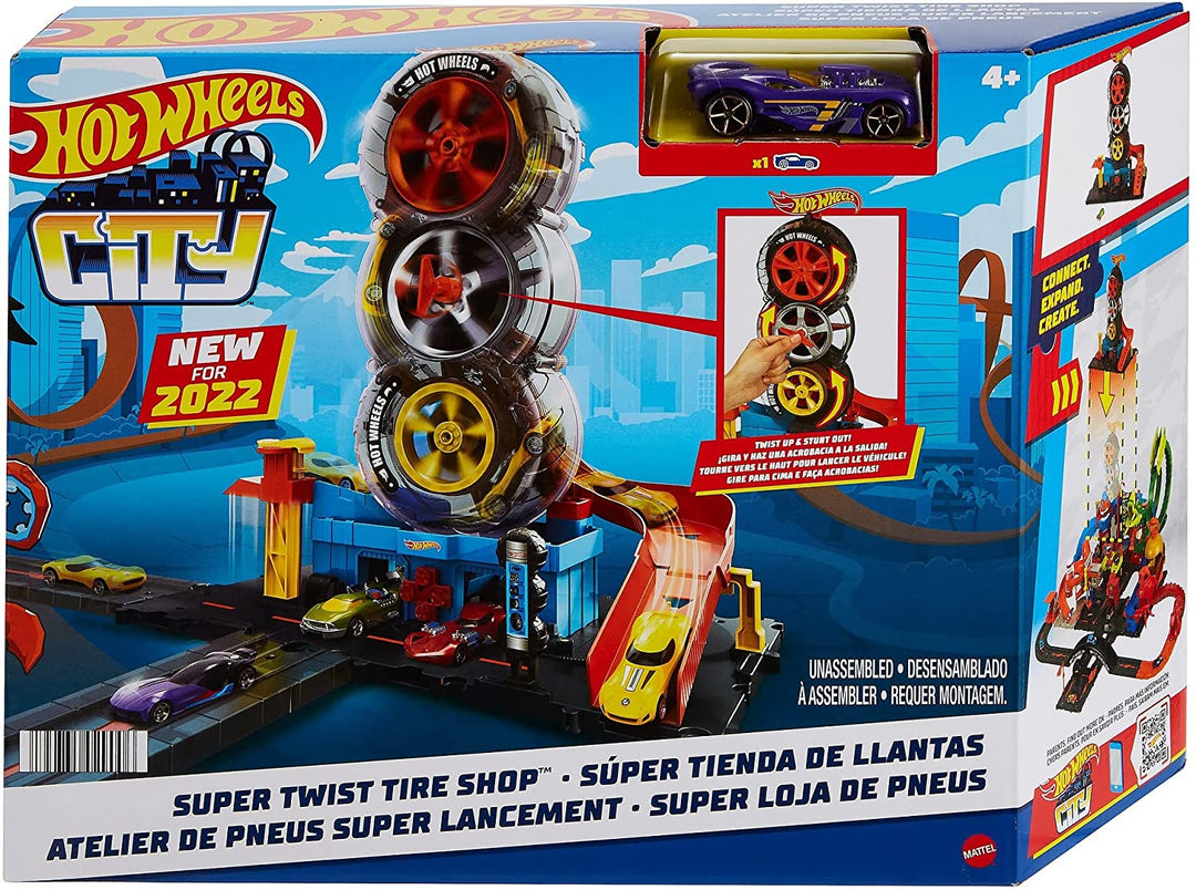 Hot Wheels City Super Twist Tire Shop-Spielset: Drehen Sie den Schlüssel, um Autos zum Reisen zu bringen