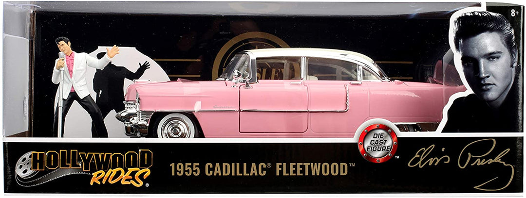 Jada Toys Elvis Presley Cadillac Fleetwood 1955 1/24 Scale Die-cast, Opening Doors, Boot & Bonnet, Includes Elvis Figure, Pink