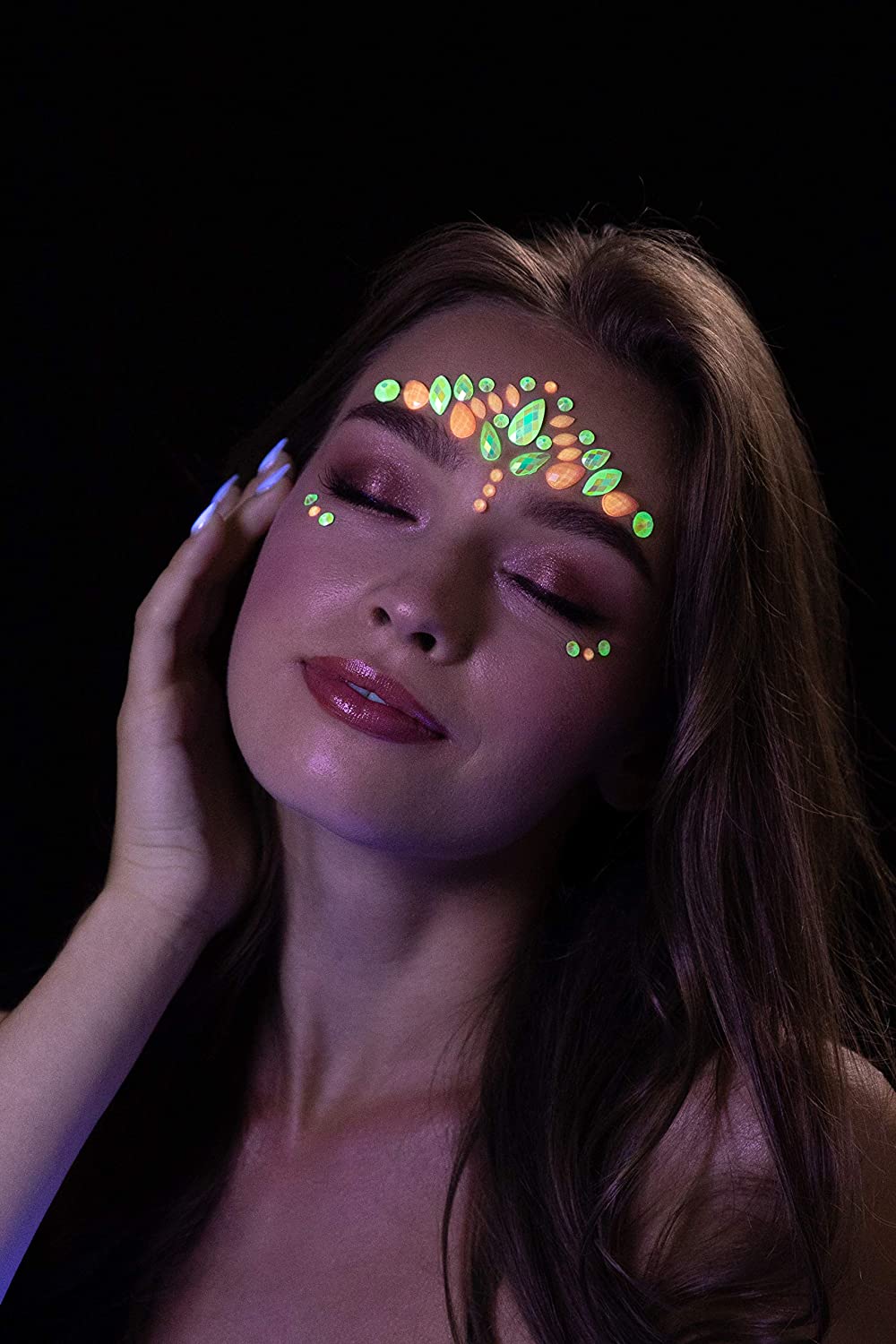 Glow in the Dark Face Jewels by Moon Glow - Festival Face Body Gems, Crystal Make up Eye Glitter Stickers, Temporary Tattoo Jewels (Pink Flamingo)