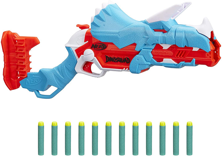 Nerf DinoSquad Tricera-blast Blaster, Break-Open 3-Dart Loading, 12 Darts and Dart Storage