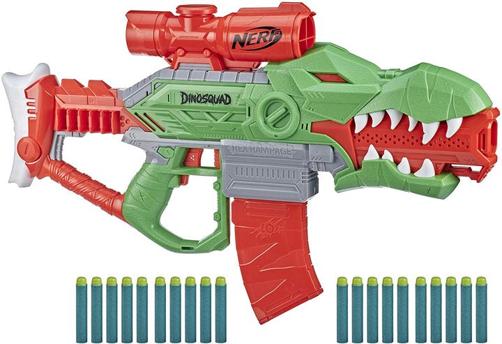 Nerf DinoSquad Rex-Rampage Motorised Dart Blaster; 10-Dart Clip, 20 Nerf Darts, 10-Dart Storage