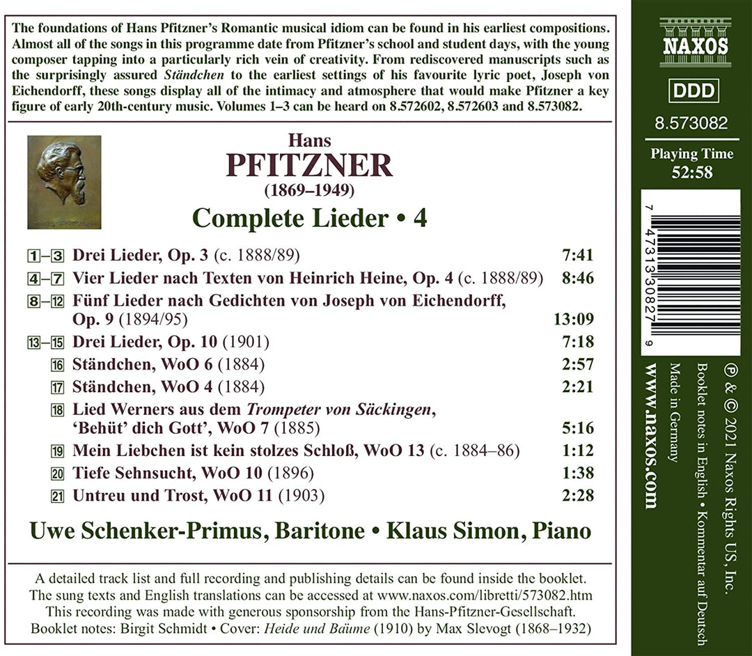 Pfitzner: Complete Lieder Vol. 4 [Uwe Schenker-Primus; Klaus Simon] [Naxos: 8573] [Audio CD]