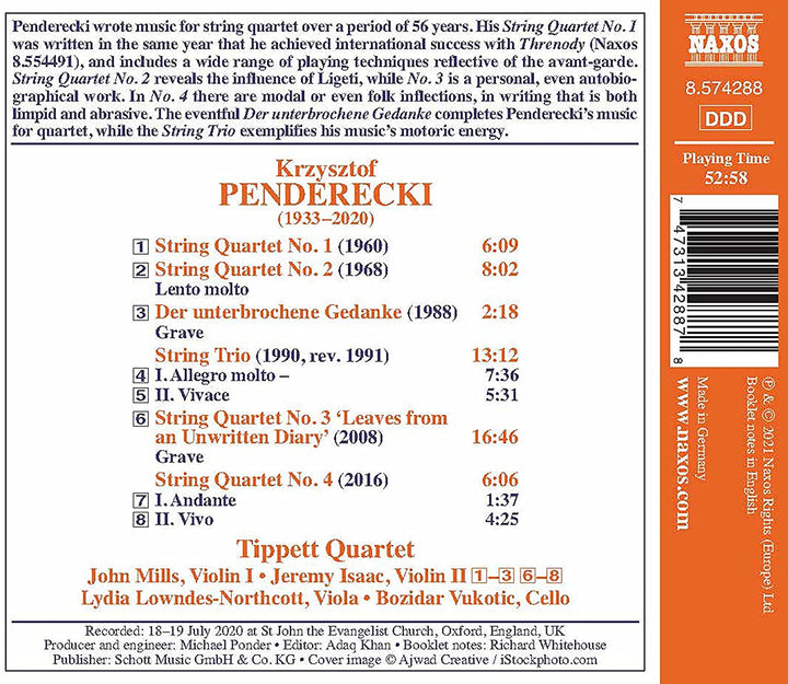 Penderecki: String Quartets [Tippett Quartet] [Naxos: 8574288] [Audio CD]