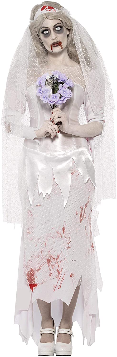 Smiffy's Women's 23295 Costumes Till Death Do Us Part Zombie Bride Costume, Dress, Veil and Bouquet, Zombie Alley, White (Blanc), Small