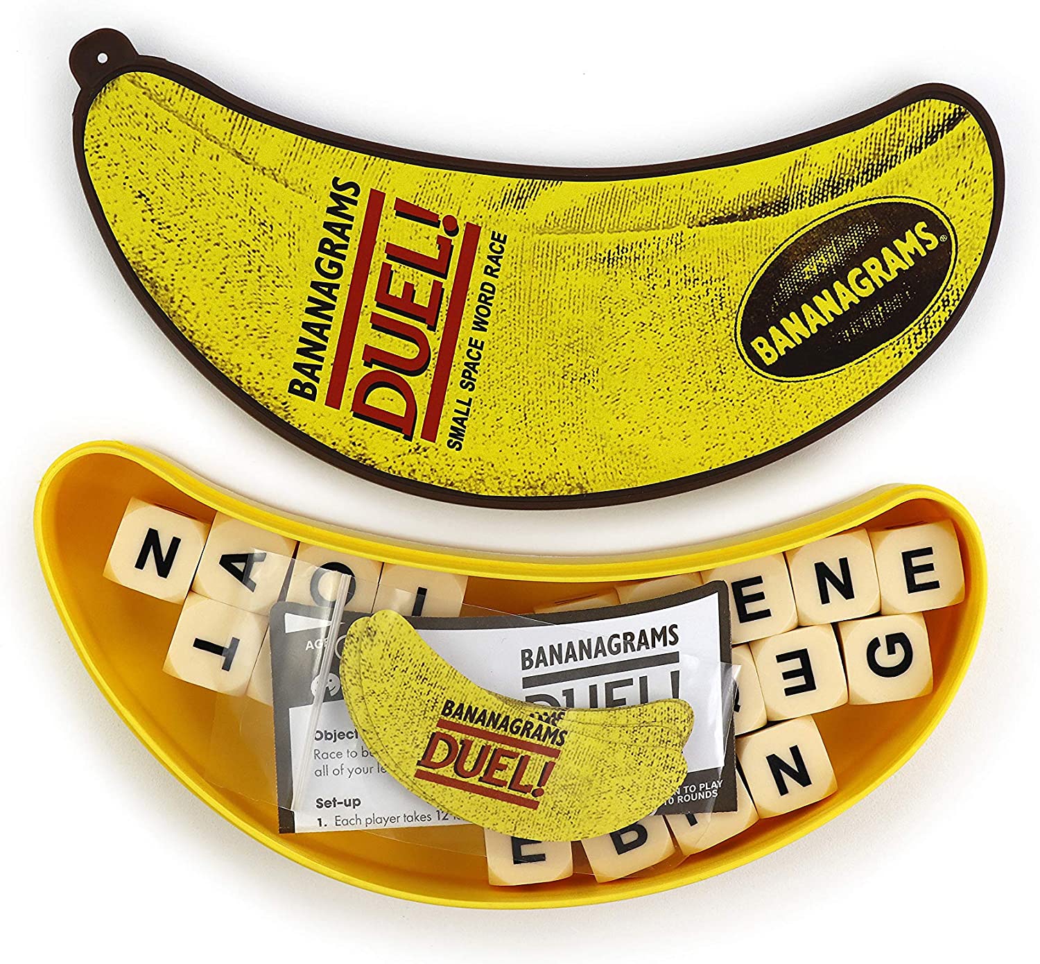 BANANAGRAMS Duell-Wortspiel für zwei Spieler mit 24 Buchstabenwürfeln und Herausforderungskarten zum Thema Bananen