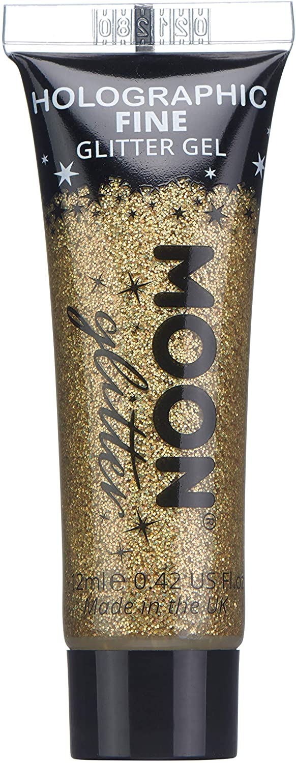 Holografisches feines Glitzergel für Gesicht und Körper von Moon Glitter – Gold – kosmetische Festival-Glitzer-Gesichtsfarbe für Gesicht, Körper, Haare, Nägel – 12 ml