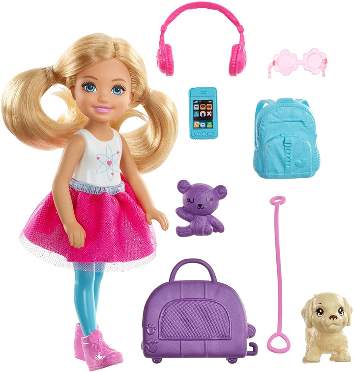 Barbie muñeca Chelsea FWV20 y juego de viaje con cachorro, multicolor