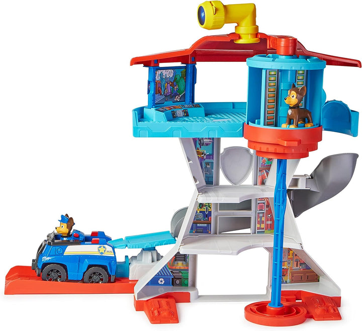 Paw Patrol Lookout Tower Spielset mit Spielzeugauto-Werfer, 2 Chase-Actionfiguren,