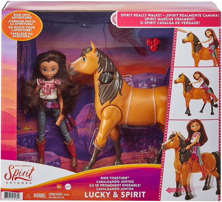 Spirit Untamed Ride Together Glückspuppe (7 Zoll/17,78 cm) und Geisterpferd (8 Zoll/20,32 cm), Pferdehalterung