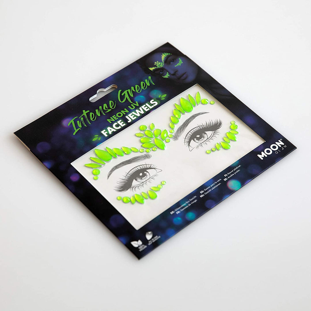 Bijoux de visage néon UV par Moon Glow - Gemmes de corps de visage de festival, autocollants de maquillage en cristal pour les yeux, bijoux de tatouage temporaires