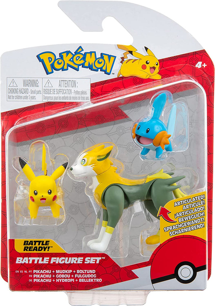 POKEMON PKW2676 3er-Pack – enthält 2 Mudkip, Pikachu und eine 7,6 cm große Boltund-Kampffigur