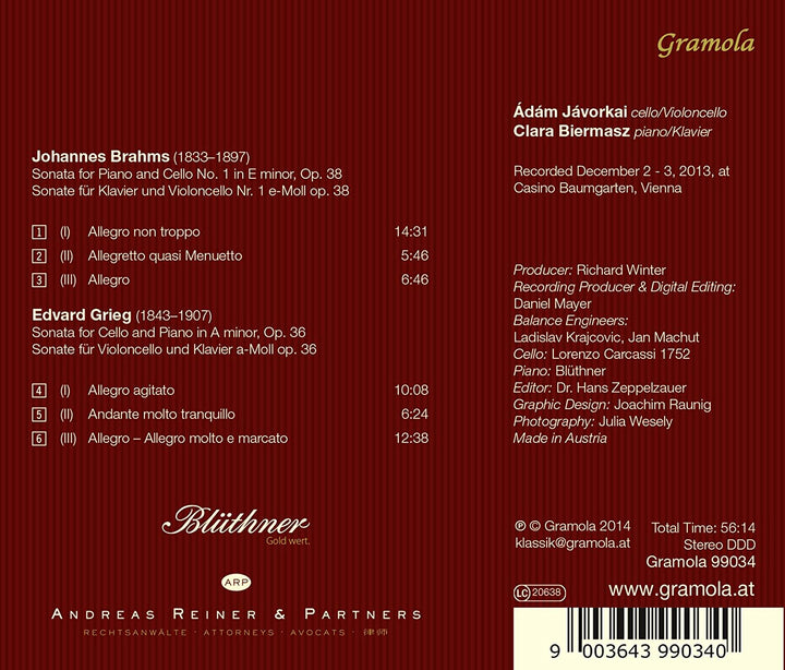 Brahms/Grieg: Cello Sonatas [Adam Javorski, Clara Biermasz] [Gramola: 99034] [Audio CD]