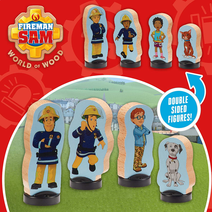 Feuerwehrmann Sam 07323 Holz, 4er-Pack zweiseitiger Figuren, hochwertiges, langlebiges, nachhaltiges FSC-Holz, umweltfreundliches Vorschulspielzeug für Kleinkinder