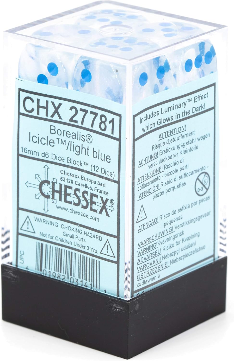 Chessex Borealis 16mm d6 Icicle/Light Blue Luminary Dice Block