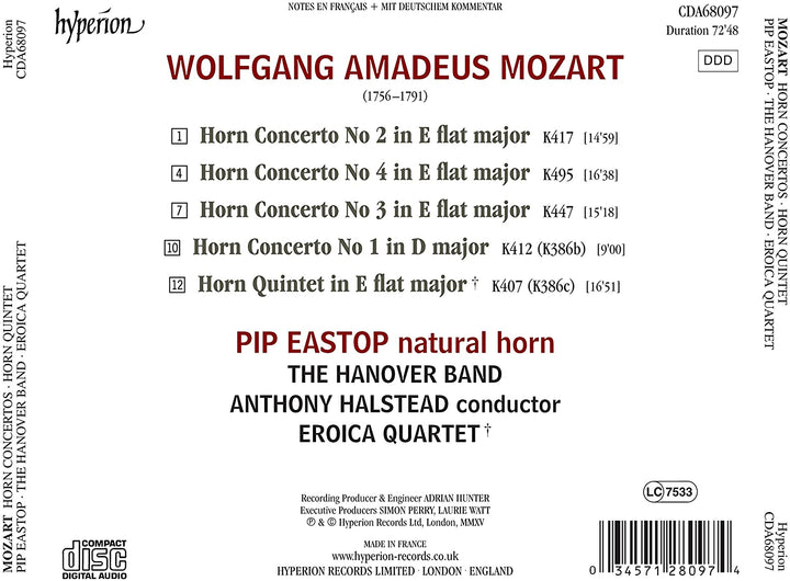 Mozart:Horn Concertos [Pip Eastop; The Hanover Band; Eroica Quartet, Anthony Halstead] [HYPERION A68097] - Pip Eastop [Audio CD]